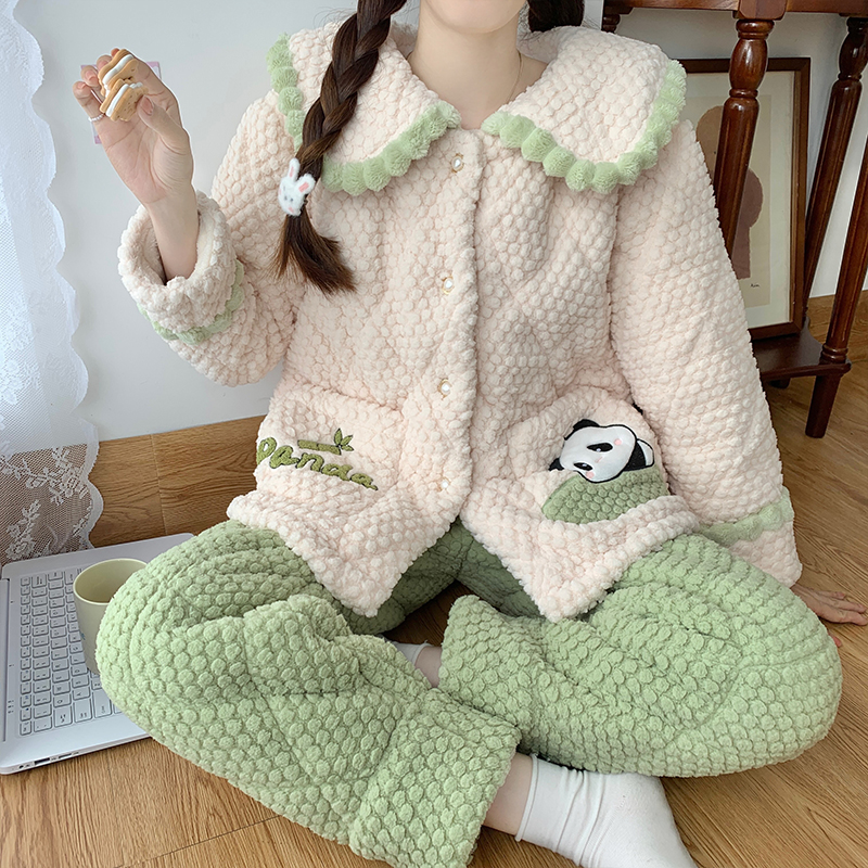 珊瑚绒睡衣女秋冬季三层夹棉袄加厚加绒可爱熊猫家居服套装可外穿