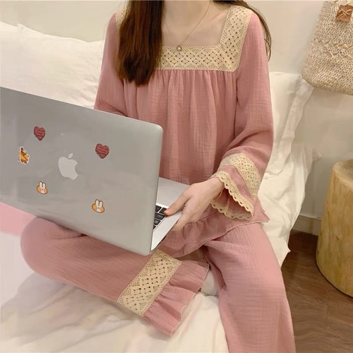 睡衣女春秋季纯棉长袖甜美公主风