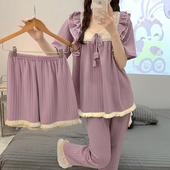 网红甜美公主风加肥加大码 纯棉短袖 宽松家居服 睡衣女夏季 三件套装