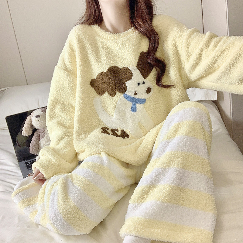 半边绒睡衣女秋冬季加厚绒珊瑚绒