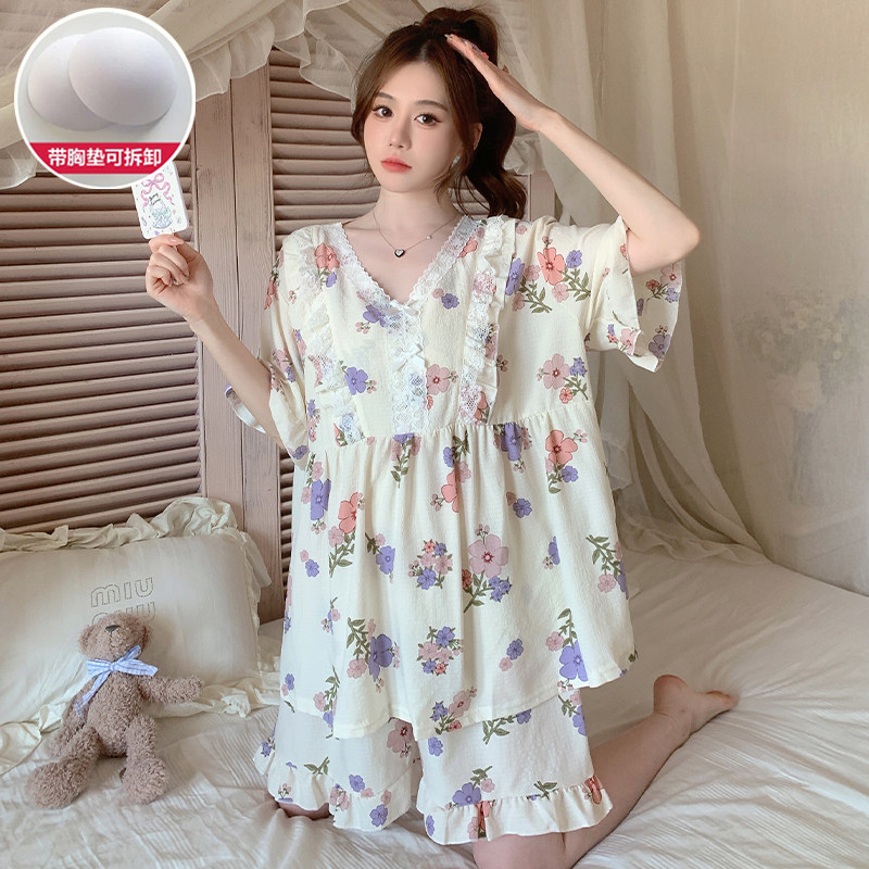 带胸垫特大码睡衣女夏季纯棉短袖甜美公主风加肥加大家居服两件套,女士内衣/男士内衣/家居服,睡衣/家居服套装,淘宝优惠券,粉丝福利购,淘宝优惠卷