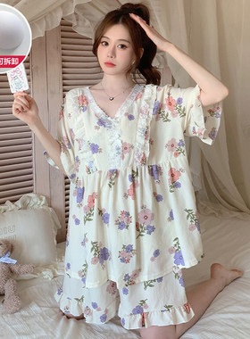 带胸垫睡衣女夏季纯棉短袖加大码