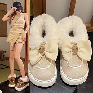 棉鞋女2023秋冬季可爱蝴蝶结新款绒面雪地靴女鞋棉鞋男加厚月子鞋