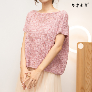 毛衣小哥夏季真丝亚麻棉海浪花一字领短袖女套衫T恤手工编织定制