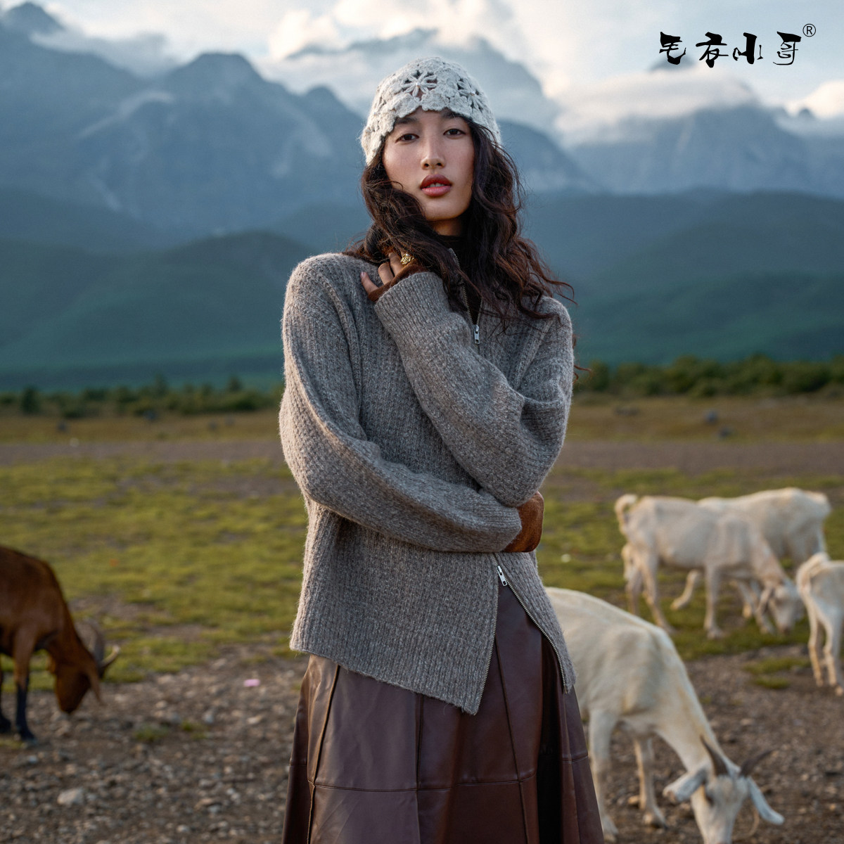 毛衣小哥秋冬高奢牦牛绒手工编织斜拉链开衫外套女毛衣定制休闲