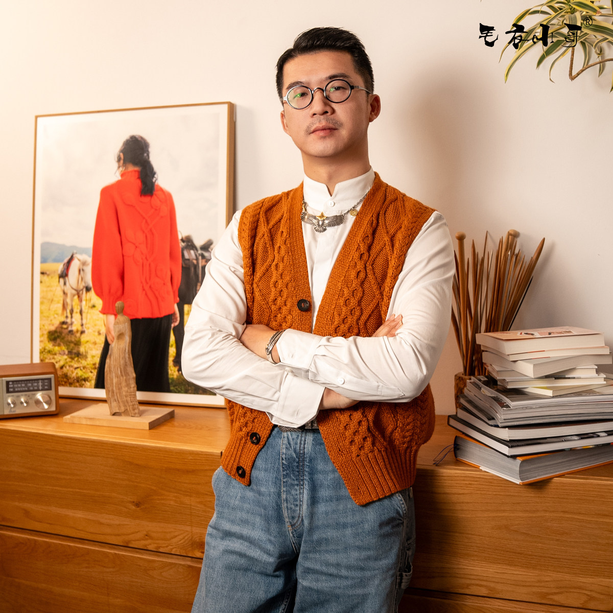 毛衣小哥手工编织定制纯羊毛蜂窝麻花开衫马甲坎肩毛衣背心男士