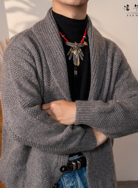 潘华尔姿秋冬手工编织定制纯羊毛青果领棋盘格棒针织男长袖开衫