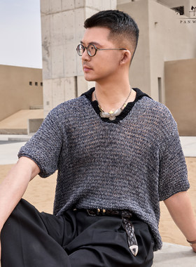 潘华尔姿原创设计长短针小亮片POLO领手工编织镂空休闲套头衫男款