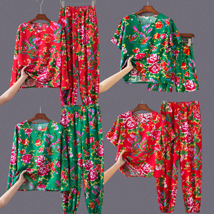 聚会炸街网红套装 东北大花布衣服 姐妹闺蜜装 T恤 男女夏棉绸长袖
