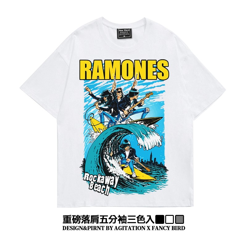 美式摇滚ramones雷蒙斯街头落肩重磅宽松摇滚五分袖oversizeT恤男