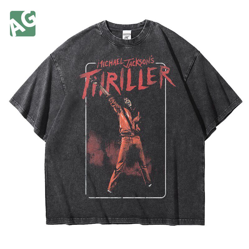 宽松水洗重磅欧美mj迈克尔杰克逊jackson纯棉五分短袖T恤男女夏