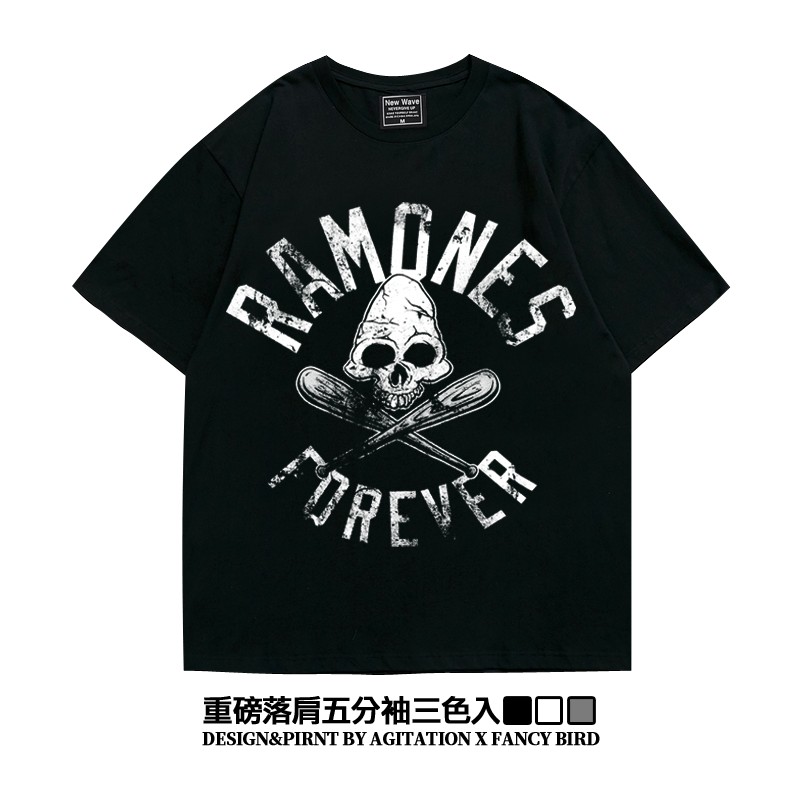 美式男夏五分袖落肩款oversize重磅T恤摇滚ramones雷蒙斯阿美咔叽