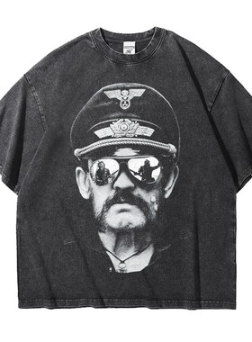 宽松纯棉欧美摩托头乐队Motorhead摇滚做旧水洗重磅五分短袖男T恤