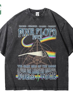 乐队周边平克佛洛依德pinkfloyd印花做旧水洗重磅纯棉五分短袖T恤