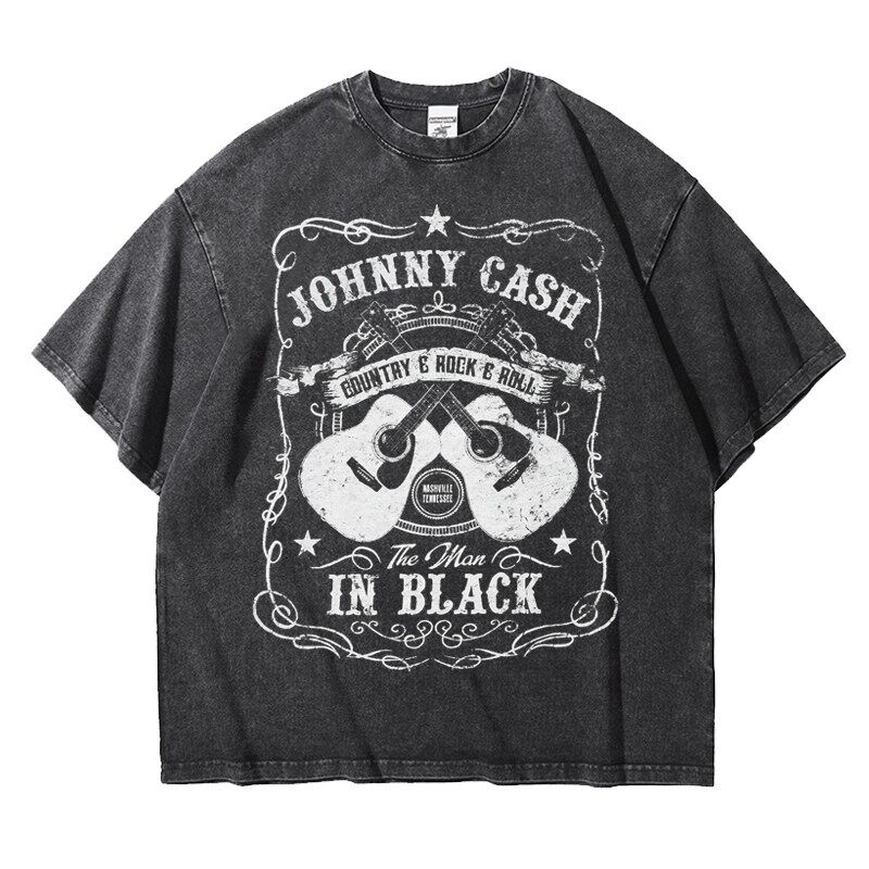 水洗重磅宽松欧美摇滚民谣johnnycash大码纯棉五分短袖t恤男女夏
