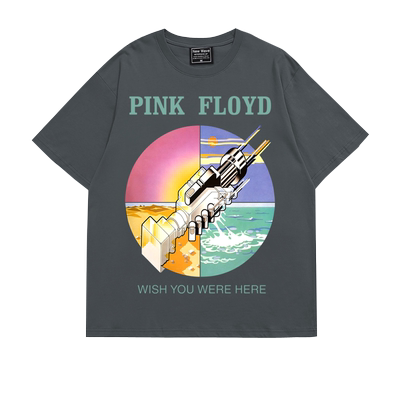 摇滚pinkfloyd美式街头落肩重磅宽松摇滚五分袖oversizeT恤男高街