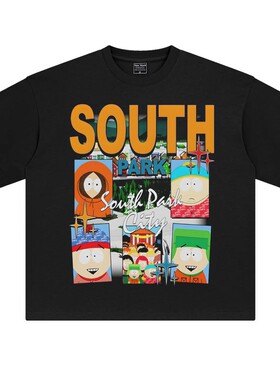 美式动漫复古oversize落肩宽松纯棉五分袖T男女南方公园southpark