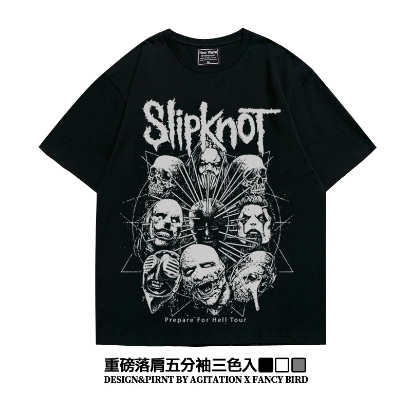 阿美咔叽美式重磅摇滚活结slipknot落肩款五分袖oversizeT恤夏男