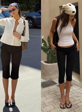 JHZ「卡普里裤」美式复古七分裤欧美超模风显高开叉微喇紧身裤