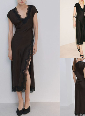 2026夏季新品 女装 时尚优雅V领短袖蕾丝拼接缎面连衣裙 27005