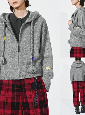 2026春季新品 女装 时尚潮流连帽抽绳星星提花针织开衫 960007