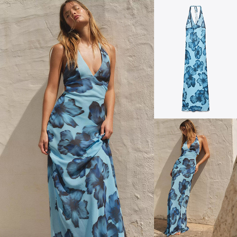 ZA2025夏季新品 女装 甜美时尚气质挂脖领印花长连衣裙 3324309