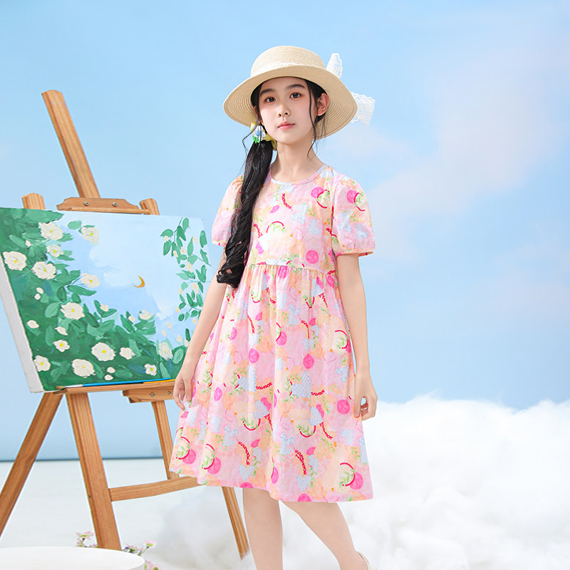 夏季棉绸女童连衣裙中大儿童沙滩裙宝宝绵绸睡裙女孩泡泡袖家居裙