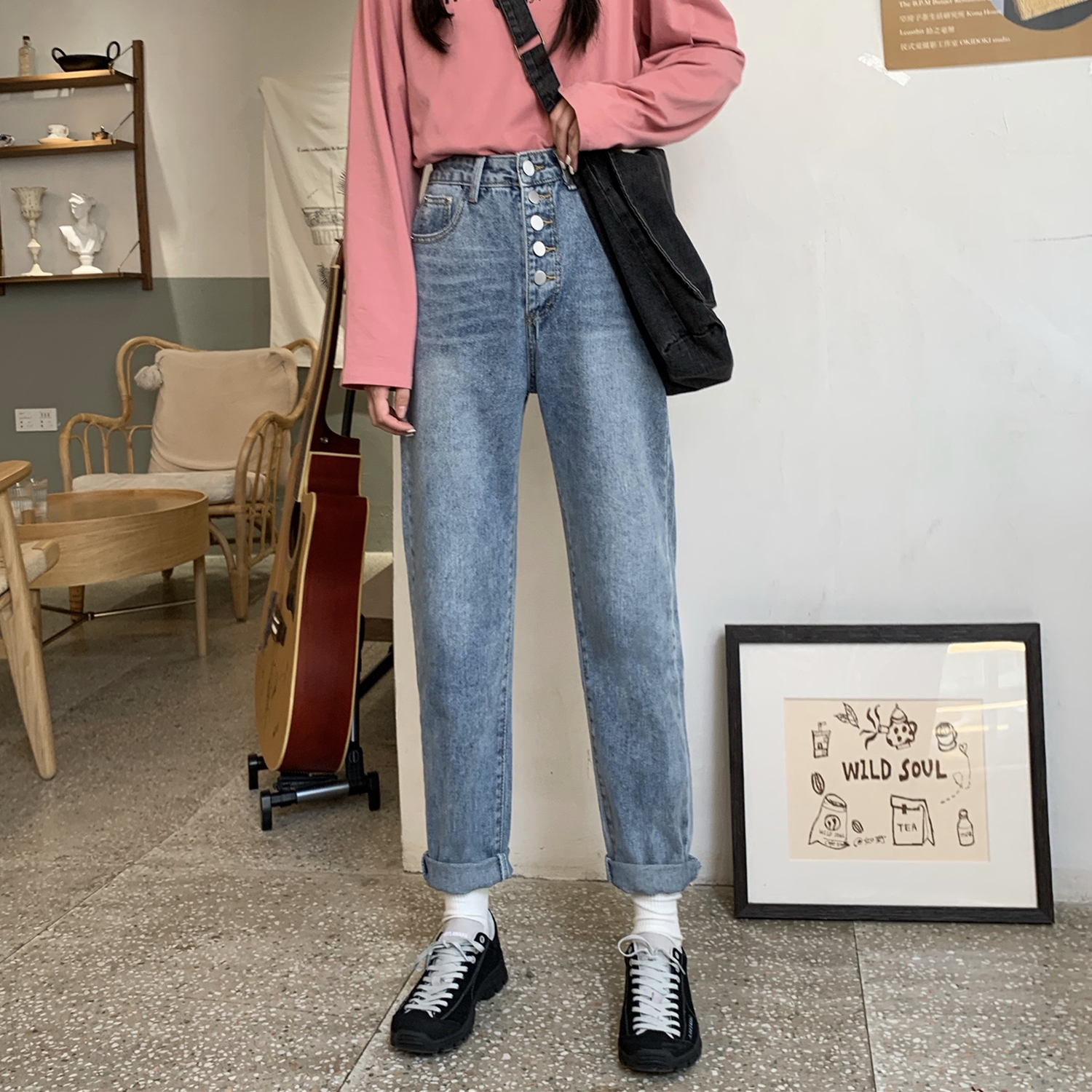 Korean high waisted loose breasted Wide Leg Jeans
