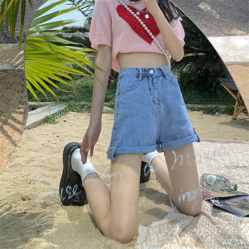 Real price 2021 summer new Korean high waist loose thin curled Wide Leg Denim Shorts