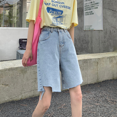 Real shot real price 2021 summer Korean loose high waist slim elastic waist denim perforated Capris