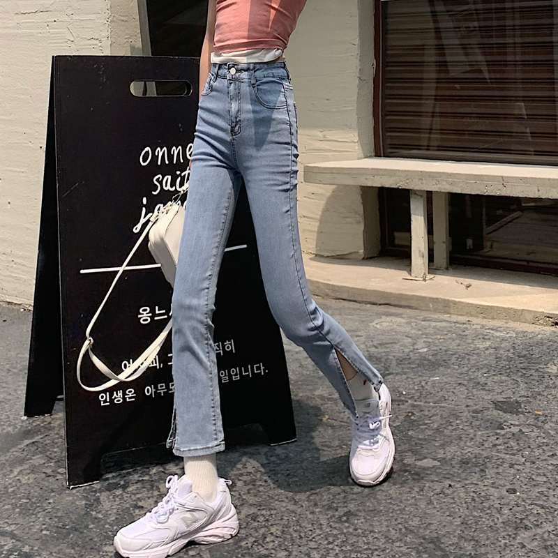 Real price Korean high waist slim split elastic micro flared pants women's jeans