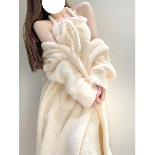 珊瑚绒睡衣裙女2026新款秋冬季加厚保暖挂脖吊带家居浴袍套装外穿
