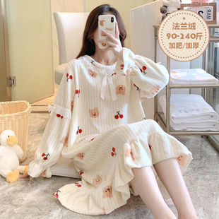 法兰绒睡衣女秋冬季薄绒珊瑚绒睡裙冬天大码200斤长款孕妇连衣裙