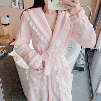 粉色睡袍冬款女秋冬季长款女款加绒加厚珊瑚绒睡衣裙浴袍揭阳网红