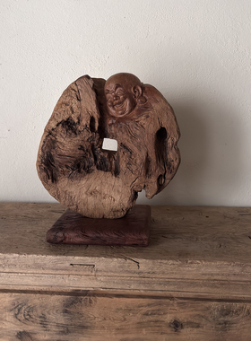 古旧老木雕空间装饰侘寂风艺术空间摆件弥勒佛禅意空间251031