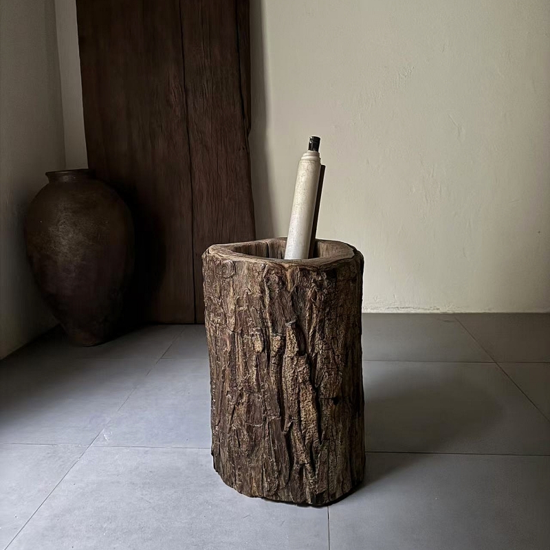古旧枯木老木桶雨伞桶置物书架字画桶角落侘寂风装饰摆件2581