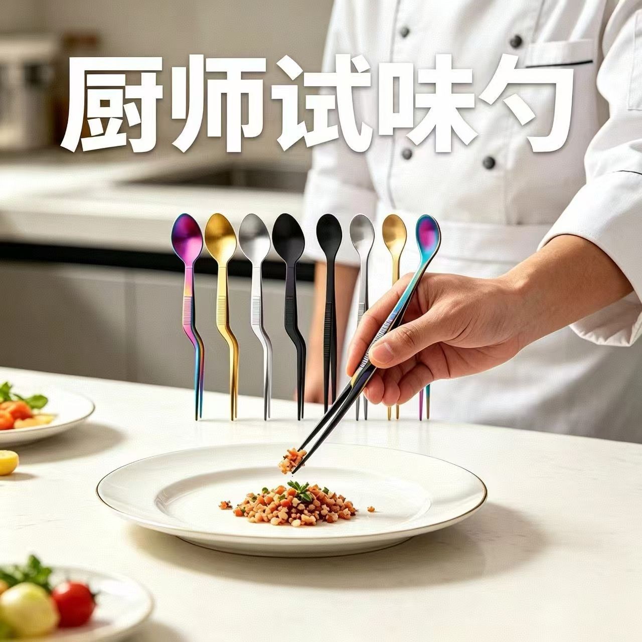 主厨试味勺 不锈钢摆盘创意厨师摆盘工具 二合一镊子勺两用工具