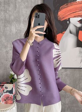 2025新款三宅系列褶皱印花开衫上衣女时尚宽松钉珠蝙蝠袖显瘦衬衫