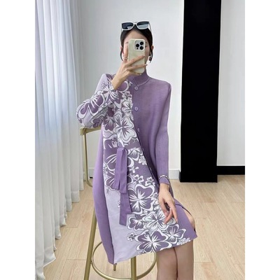 褶皱新款立领印花开衫中长裙
