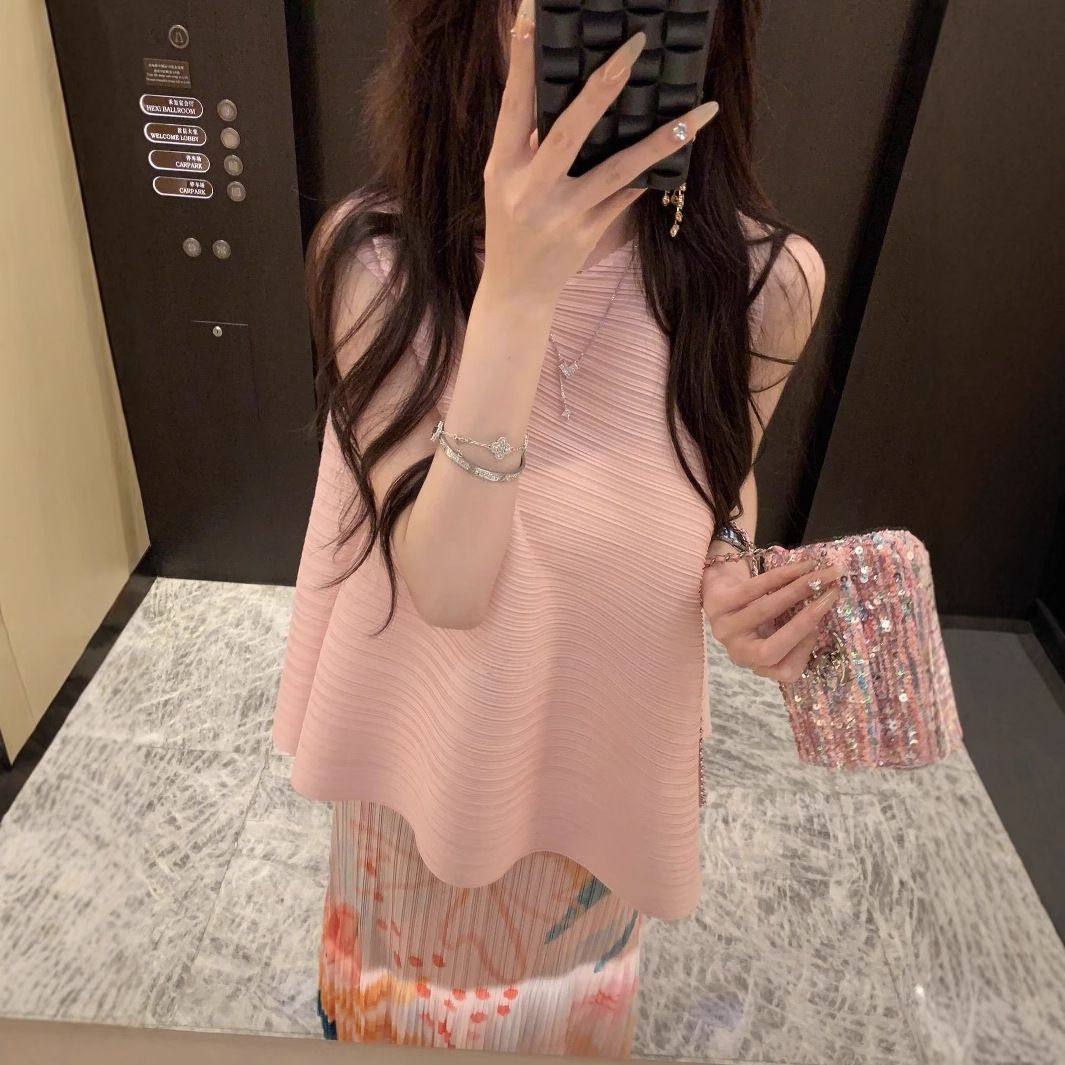 00后三宅褶皱减龄甜美风粉色套装裙夏季无袖背心上衣垂感半身裙