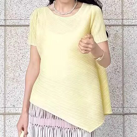00后褶皱2025夏季新款手工褶小众设计款洋气休闲显瘦百搭上衣套装