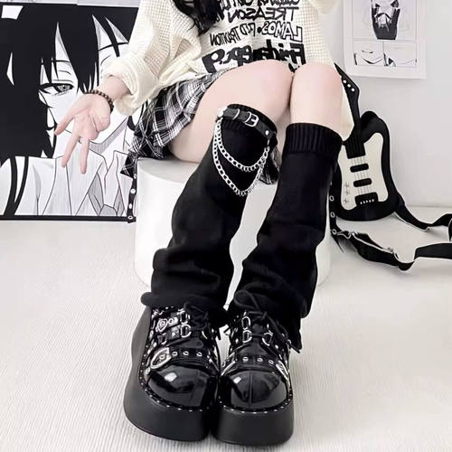 链条jk皮扣针织堆堆袜套女黑亚比腿套辣妹y2k亚文化喇叭个性中筒