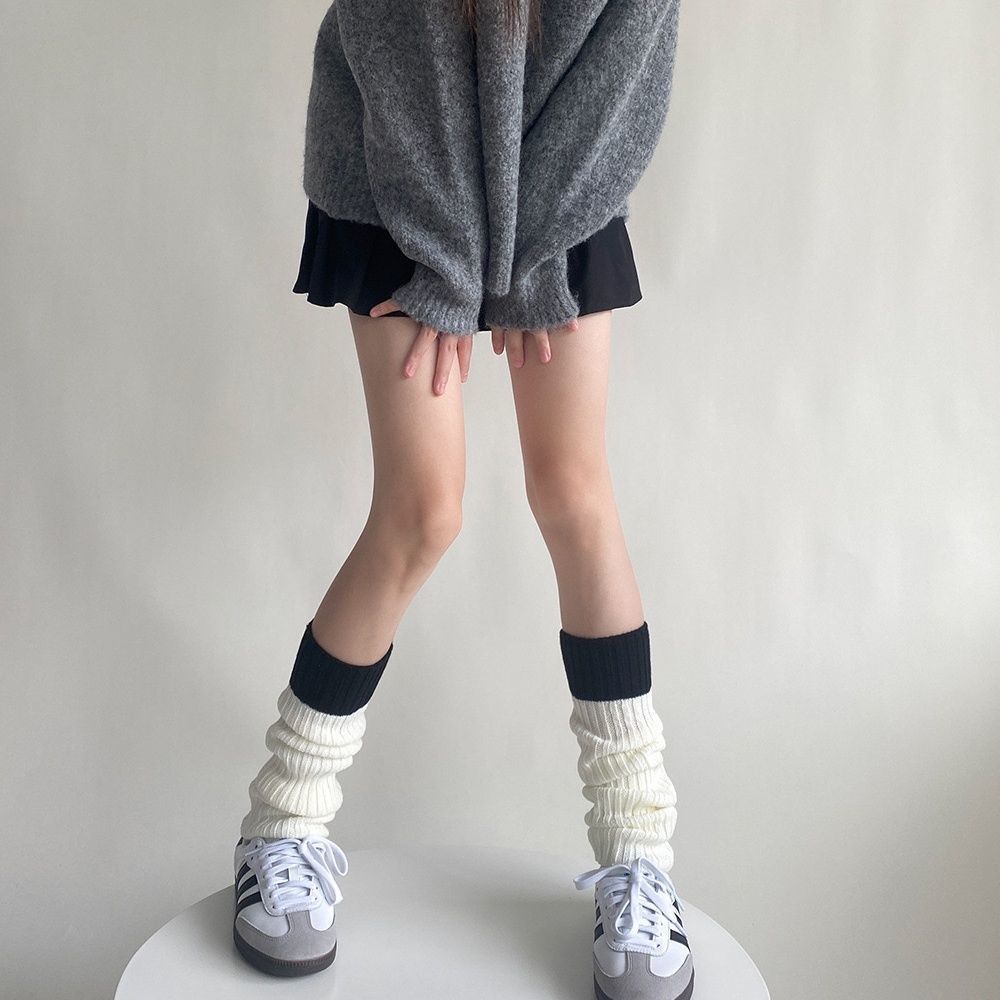 针织袜套春秋毛线撞色拼接腿套简约百搭堆堆袜灰色保暖袜套小腿袜