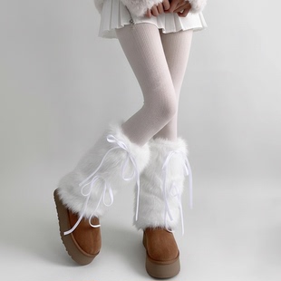 绑带毛毛退保秋冬保暖白色显瘦y2k亚比文化加厚毛绒柔软堆堆袜套