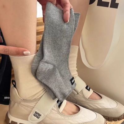 夏季薄款miu系灰色踩脚袜套堆堆袜配靴子长筒袜木耳边夏天小腿袜