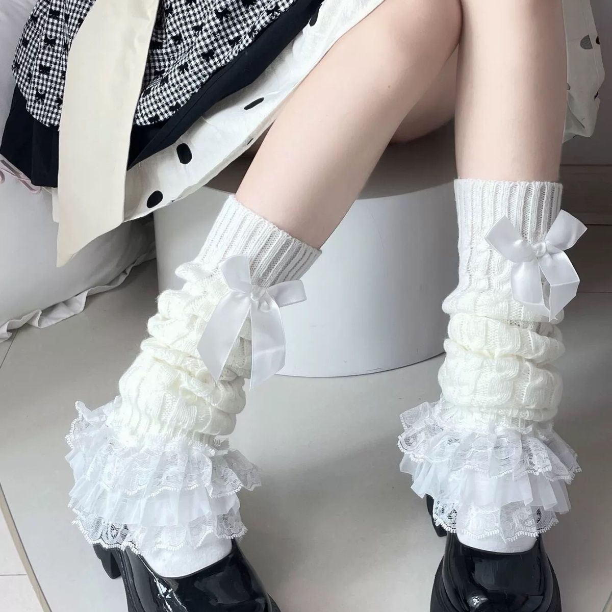 可爱白色针织堆堆袜套蕾丝洛丽塔小腿花边日系jk蝴蝶结袜子中筒套