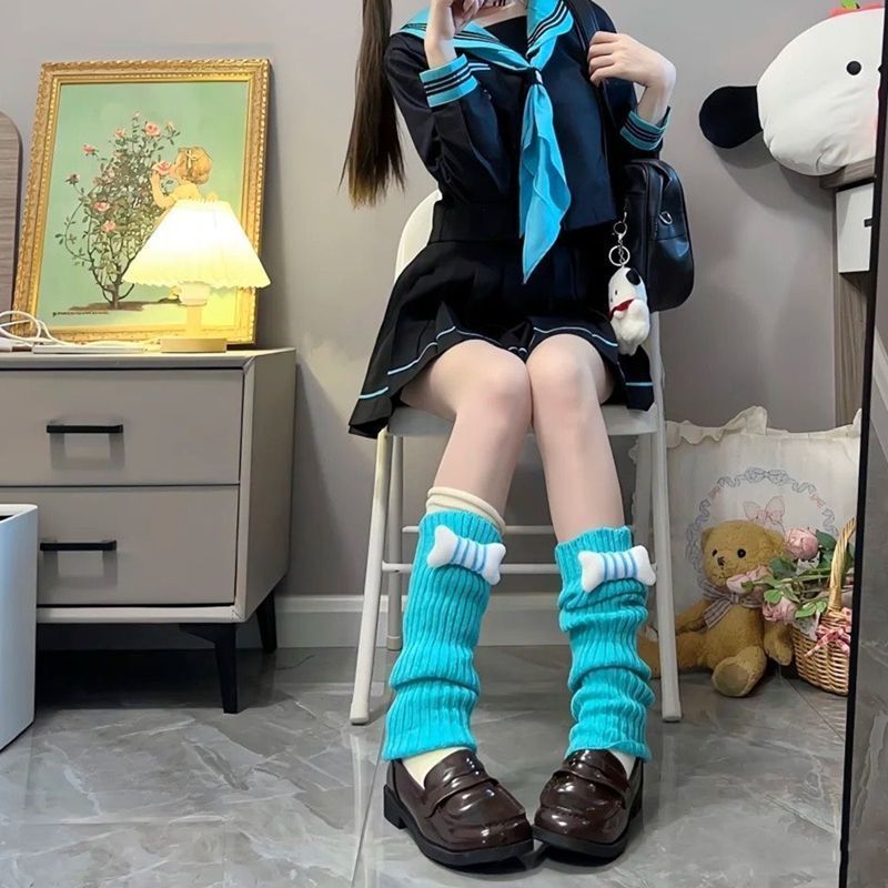 春秋多巴胺骨头堆堆袜套y2k少女白色亚文化辣妹小众腿套百搭显瘦