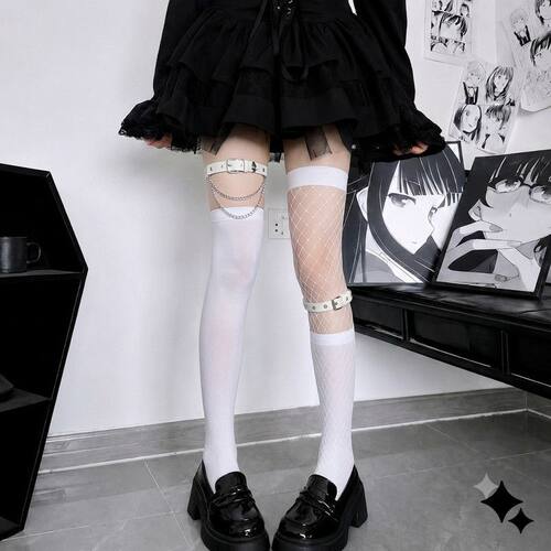 个性袜哥特风镂空破洞长筒袜甜酷少女y2k辣妹腿环链条黑丝过膝袜