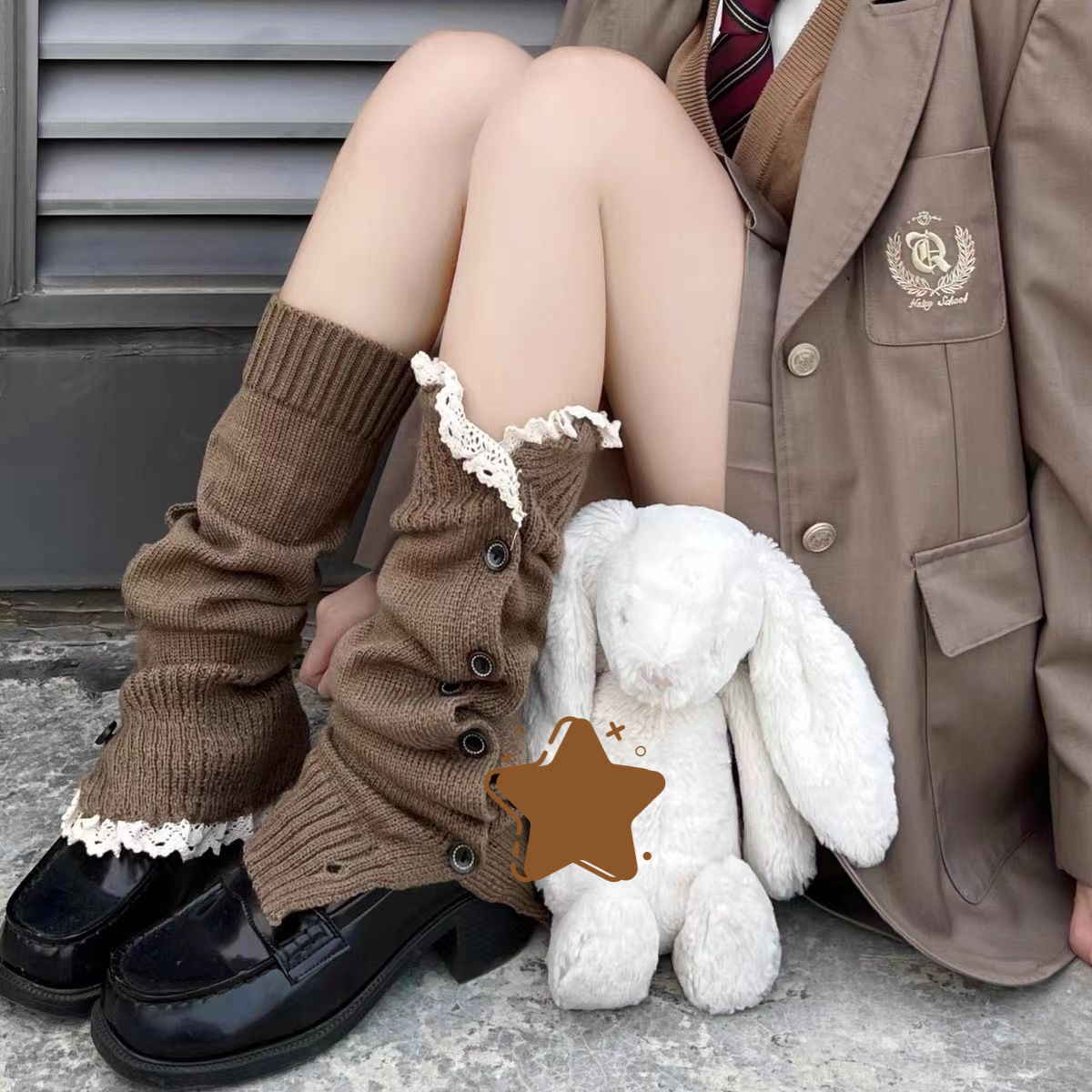 美拉德花边堆堆袜套辣妹y2k腿袜小腿袜子女纯色百搭纽扣棕色腿套