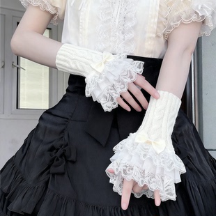 y2k辣妹蕾丝花边蝴蝶结可爱少女针织麻花手袖 白色手套lolita甜美